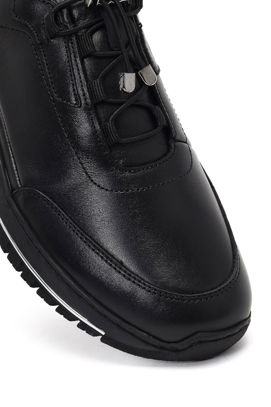 Erkek Siyah Bağcıklı Kalın Tabanlı Deri Casual Sneaker