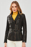 Mayfair Women's Brown Vintage Long Biker Leather Jacket | Derimod