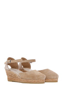 Women's Beige Ankle Strap Wedge Heels Suede Leather Espadrille | Derimod