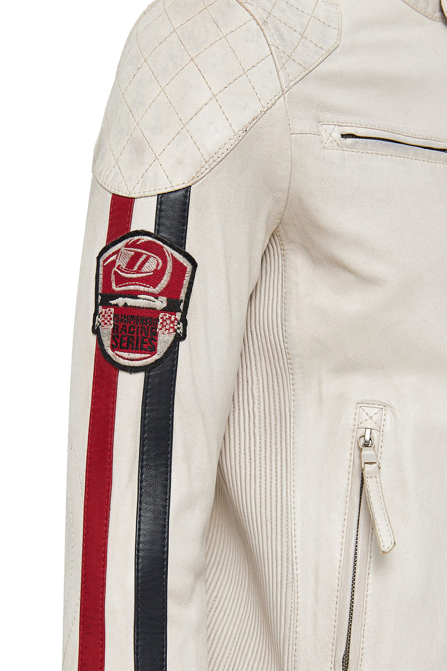 Storm Men's White Slim-Fit Leather Jacket with Emblem