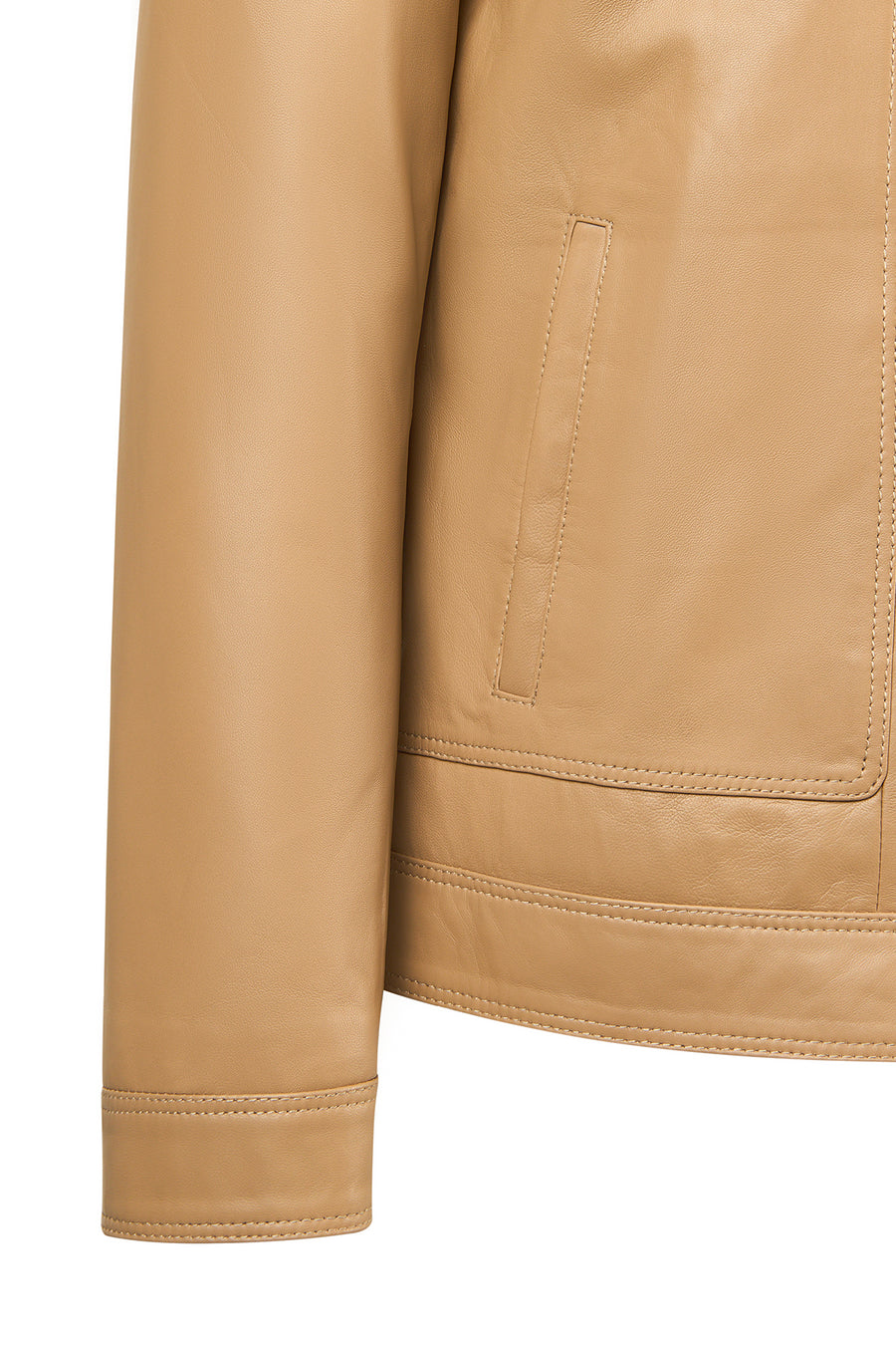 Felibe Male Beige Mandarin Collar Leather Jacket