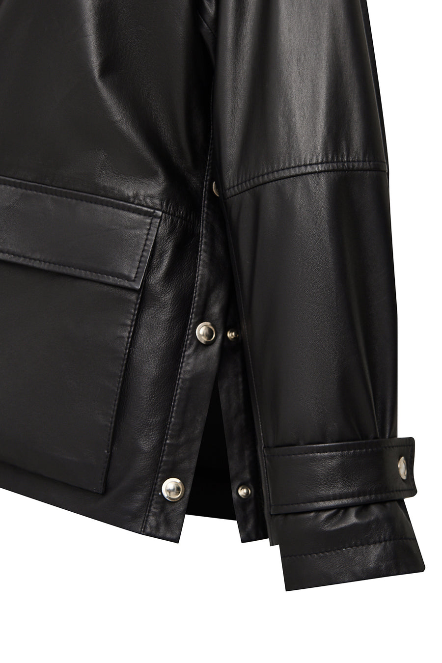Fancy Women's Black Slant Collar Oversize Leather Coat
