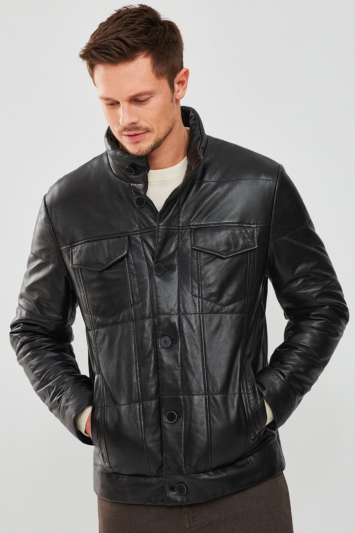 Lorenzo Men's Black Puffer Leather Jacket 23WGE65141M | Derimod