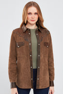 Western Women's Brown Shirt Style Suede Leather Jacket | Derimod