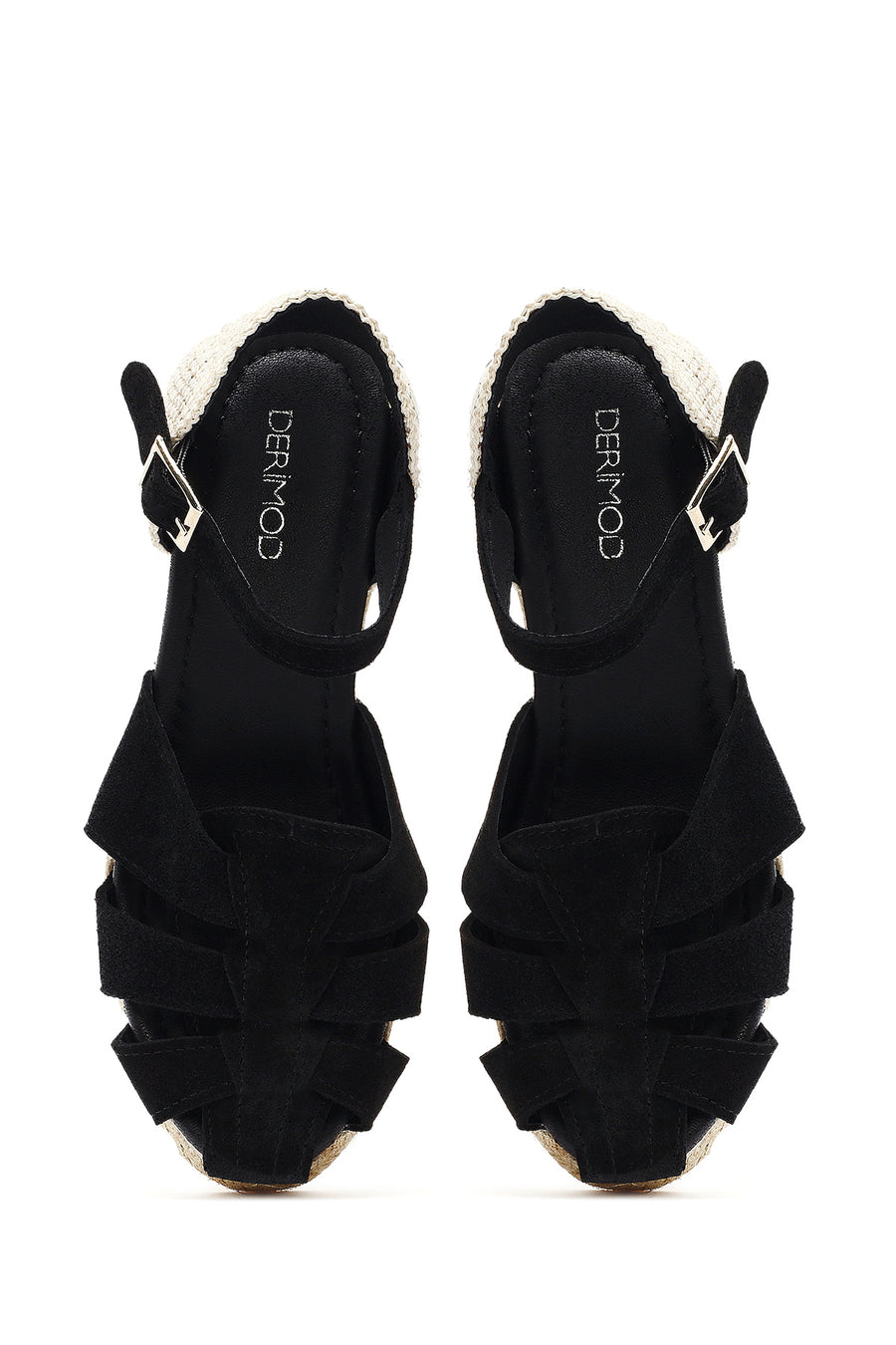 Women's Black Ankle Strap Wedge Heel Suede Leather Espadrille Sandals