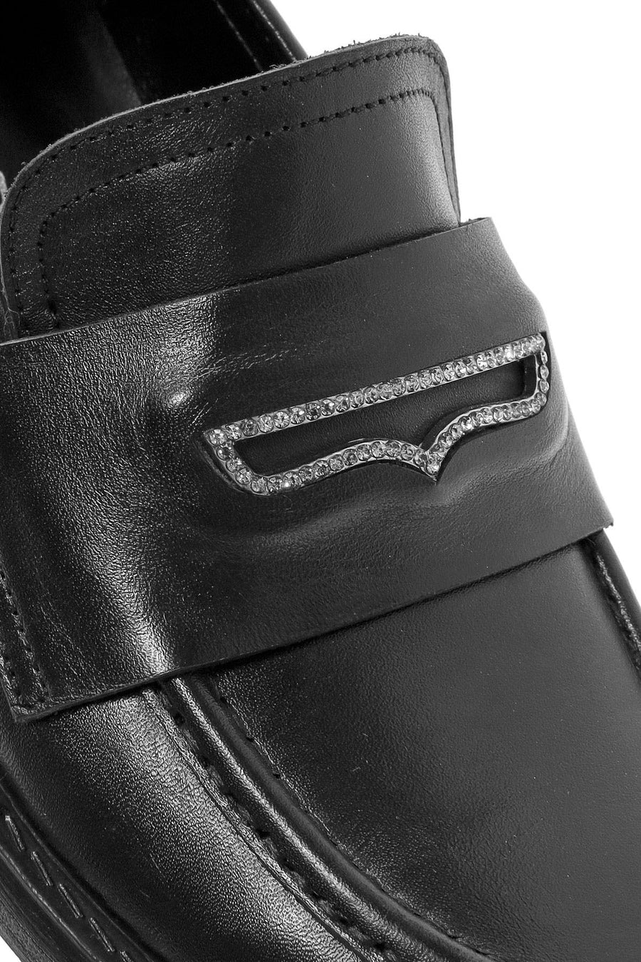 Kadın Siyah Taş Detaylı Deri Maskülen Loafer