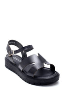 Women's Black Leather Flat Sandals | Derimod