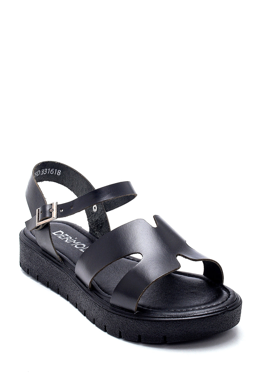 Women's Black Leather Flat Sandals