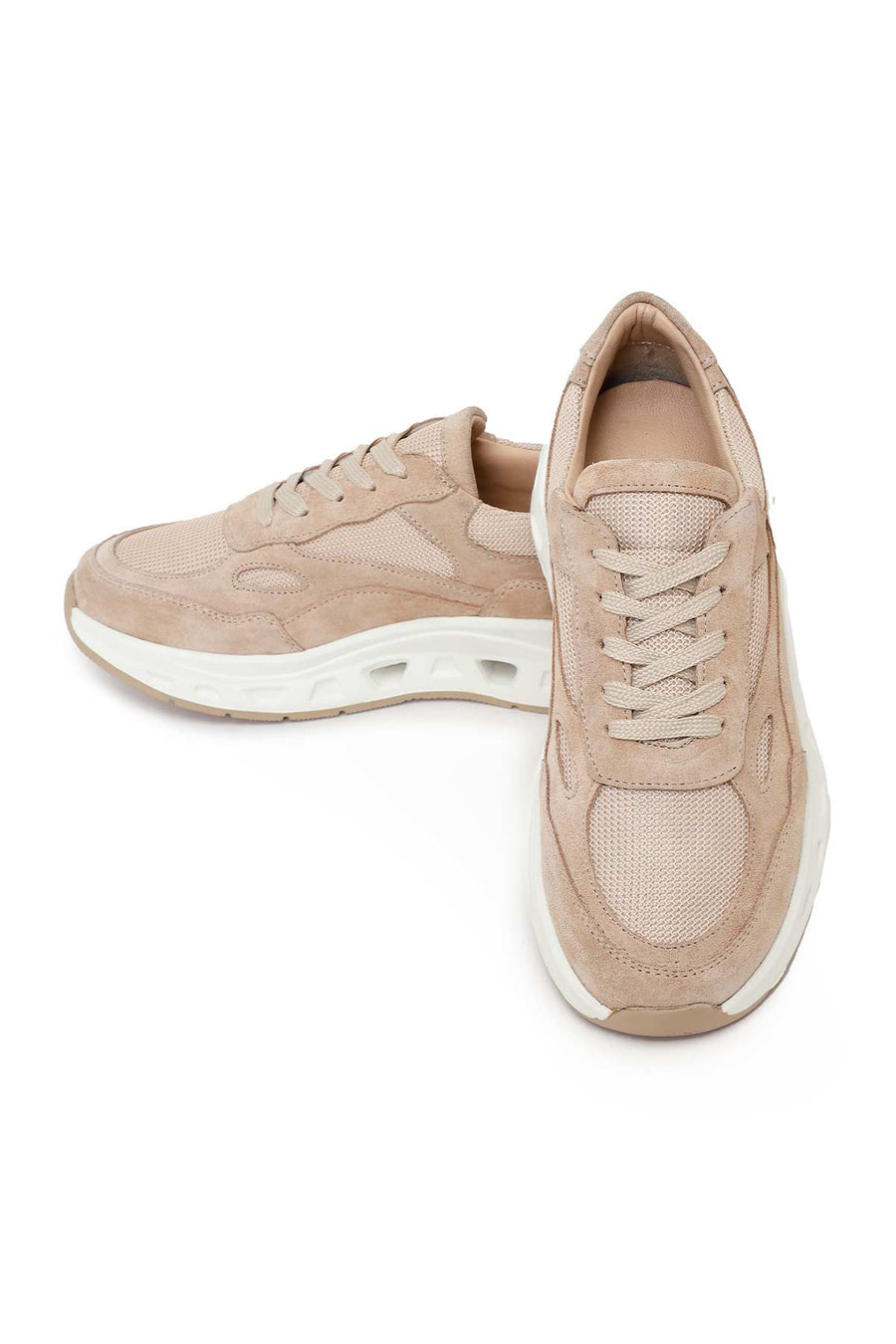 Woman Beige Lace-Up Thick-Soled Suede Leather Sneaker