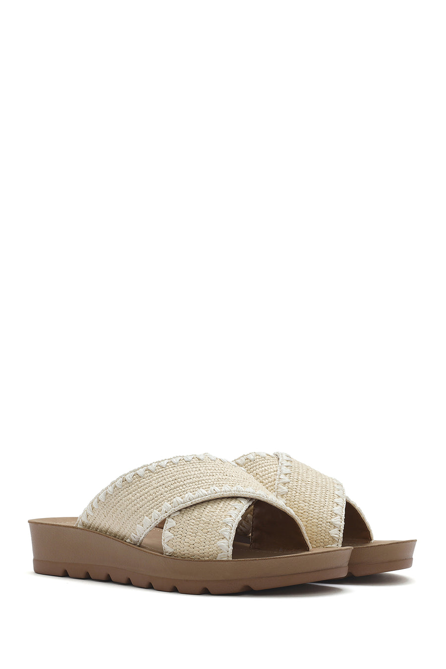 Women's Beige Thick Soled Straw Slippers