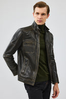 Wade Men's Green Slim-Fit Leather Coat | Derimod