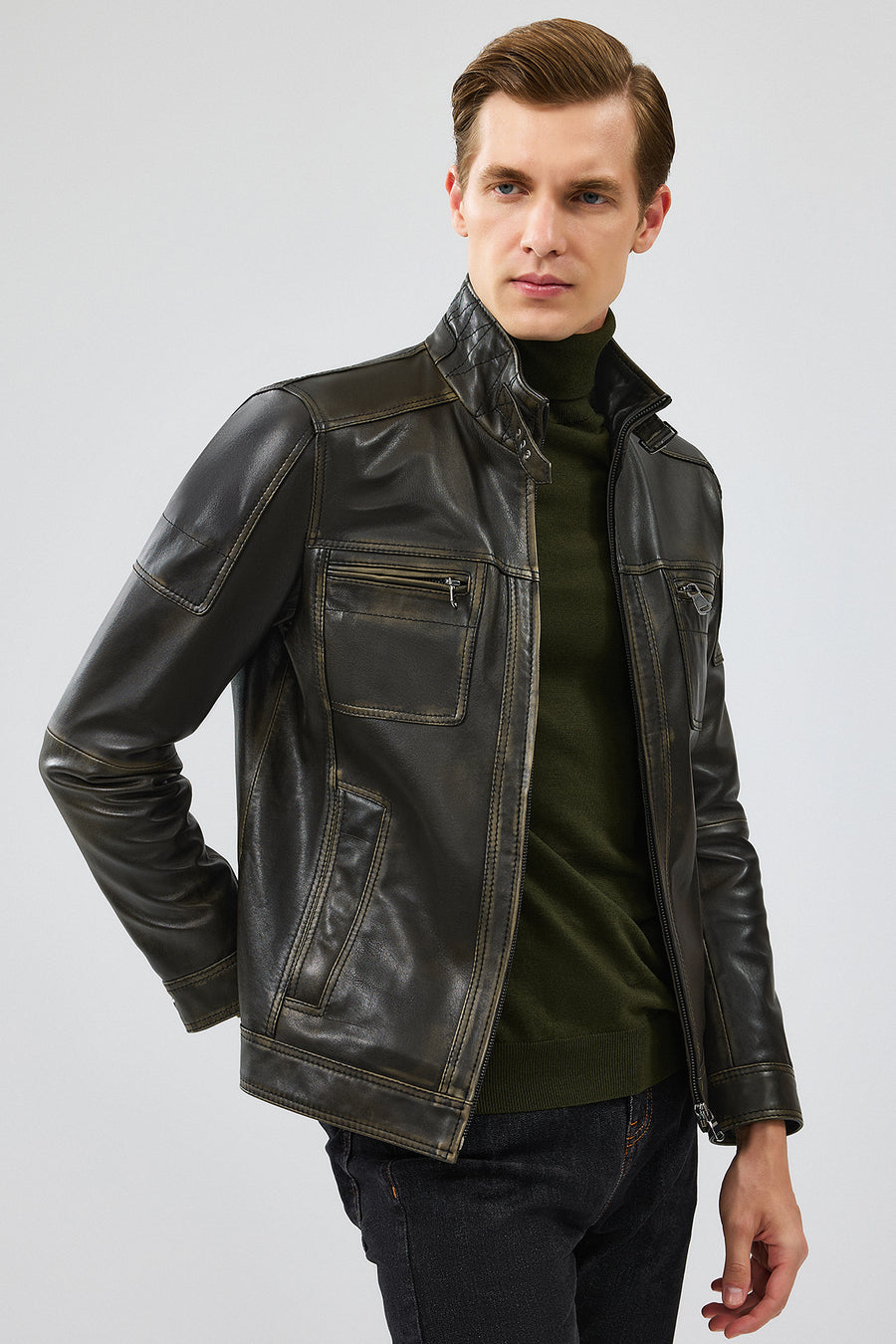 Wade Men's Green Slim-Fit Leather Coat