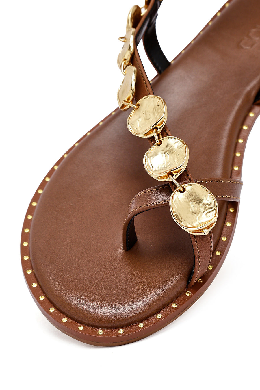 Women's Brown Metal Detailed Flip-Flop Leather Sandals