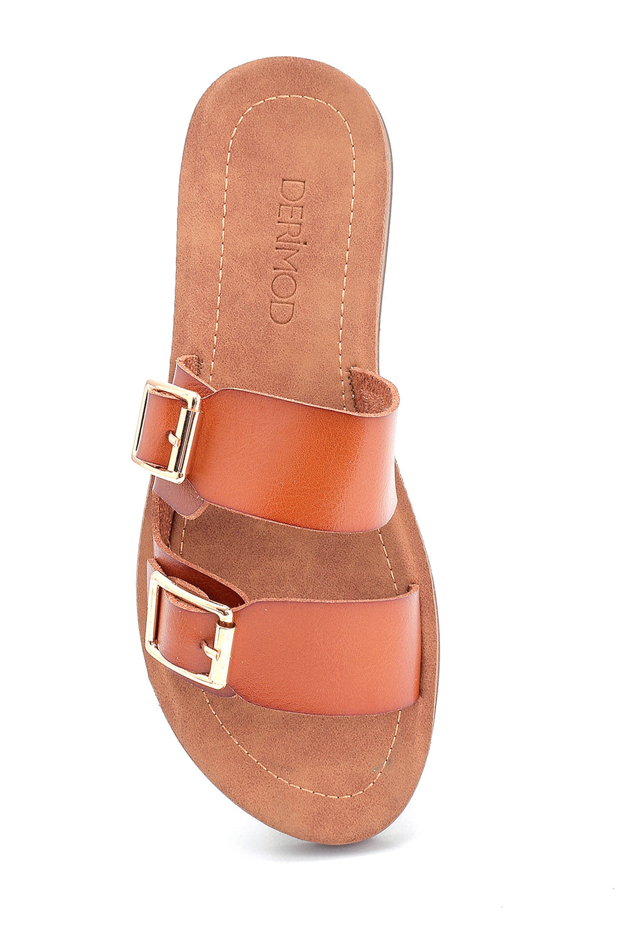 Women's Tan Double Buckle Open Back Flat Slippers