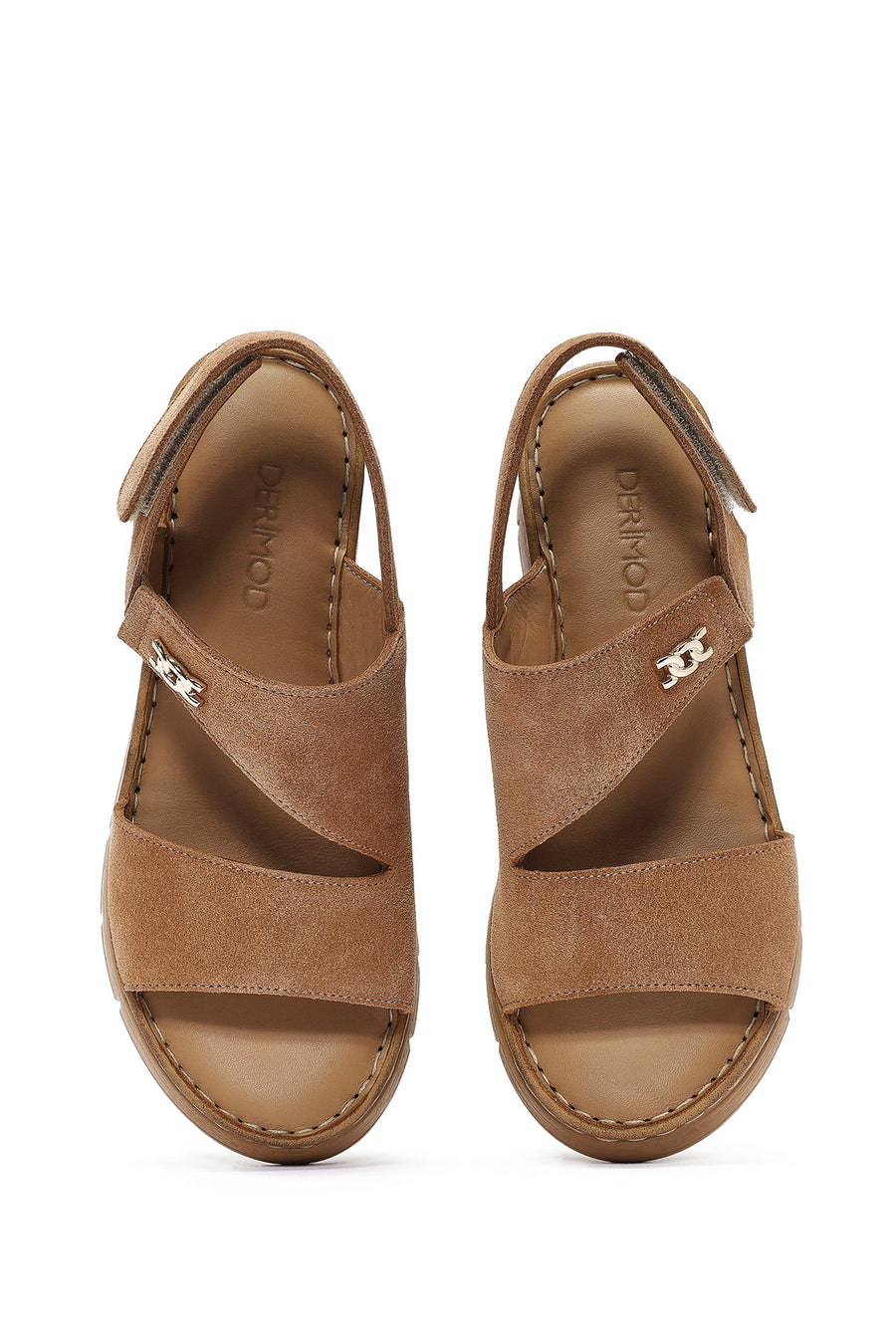 Women's Tan Suede Leather Wedge Heeled Ankle Buckle Comfort Sandals