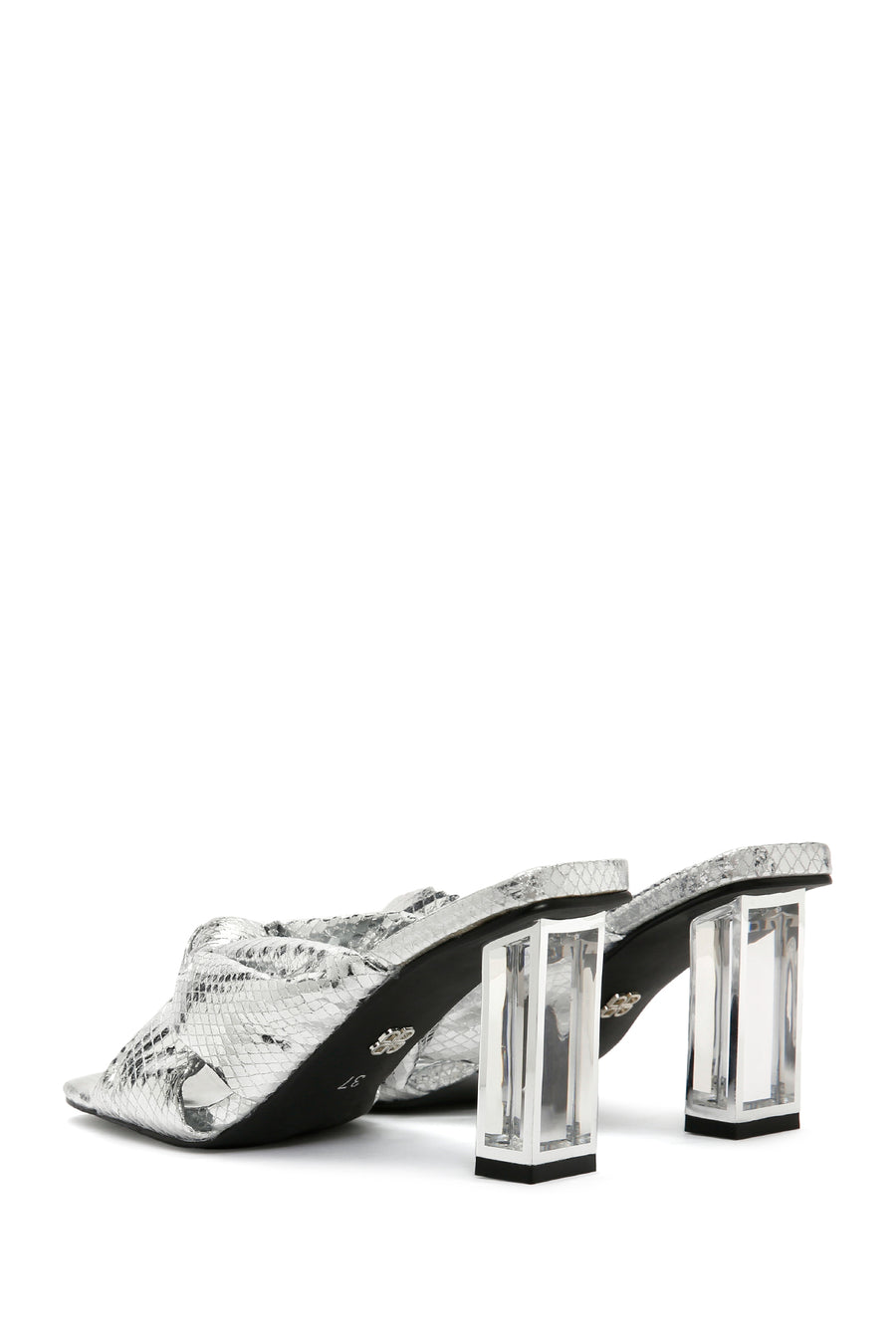 Women's Silver Transparent Thick Heeled Metallic Slippers