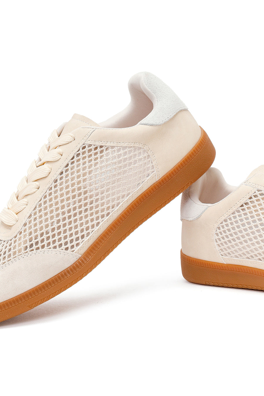 Women's Beige Lace-Up Mesh Suede Leather Sneaker