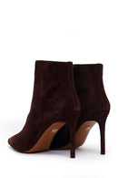 Woman Brown Zip Closure Thin-Heeled Suede Boots | Derimod
