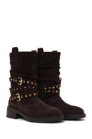 Woman Brown Suede Biker Boots | Derimod