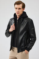 Niko Men's Black Hooded Leather Jacket | Derimod