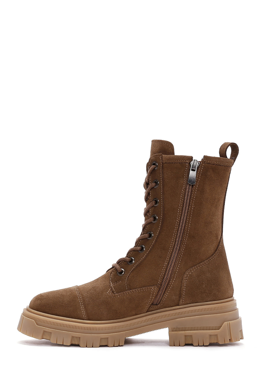 Women's Tan Thick Soled Zippered Suede Leather Boots