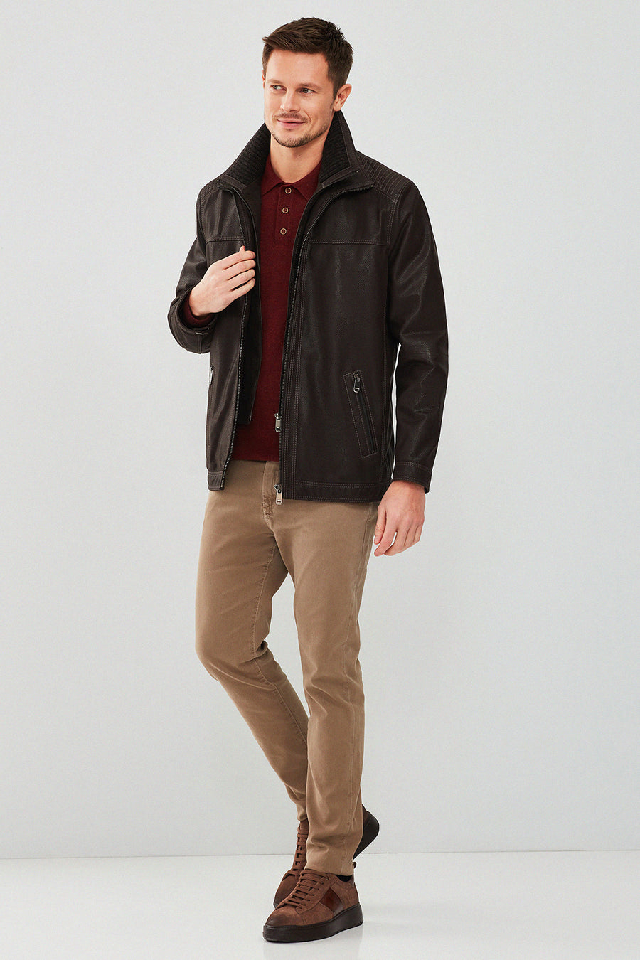 Roberto Men's Brown Double Collar Leather Jacket
