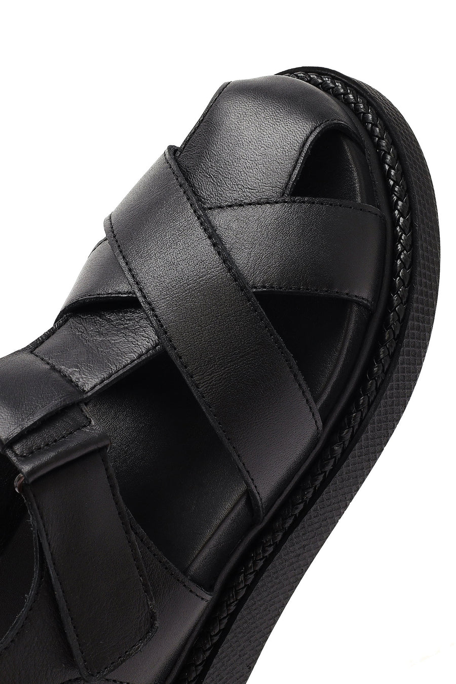 Women's Black Strappy Thick-Sole Leather Sandals