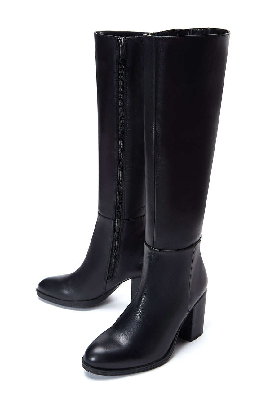 Women's Black Zippered Thick Heel Leather Boots