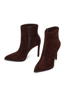 Woman Brown Zip Closure High Thin Heeled Suede Boots | Derimod