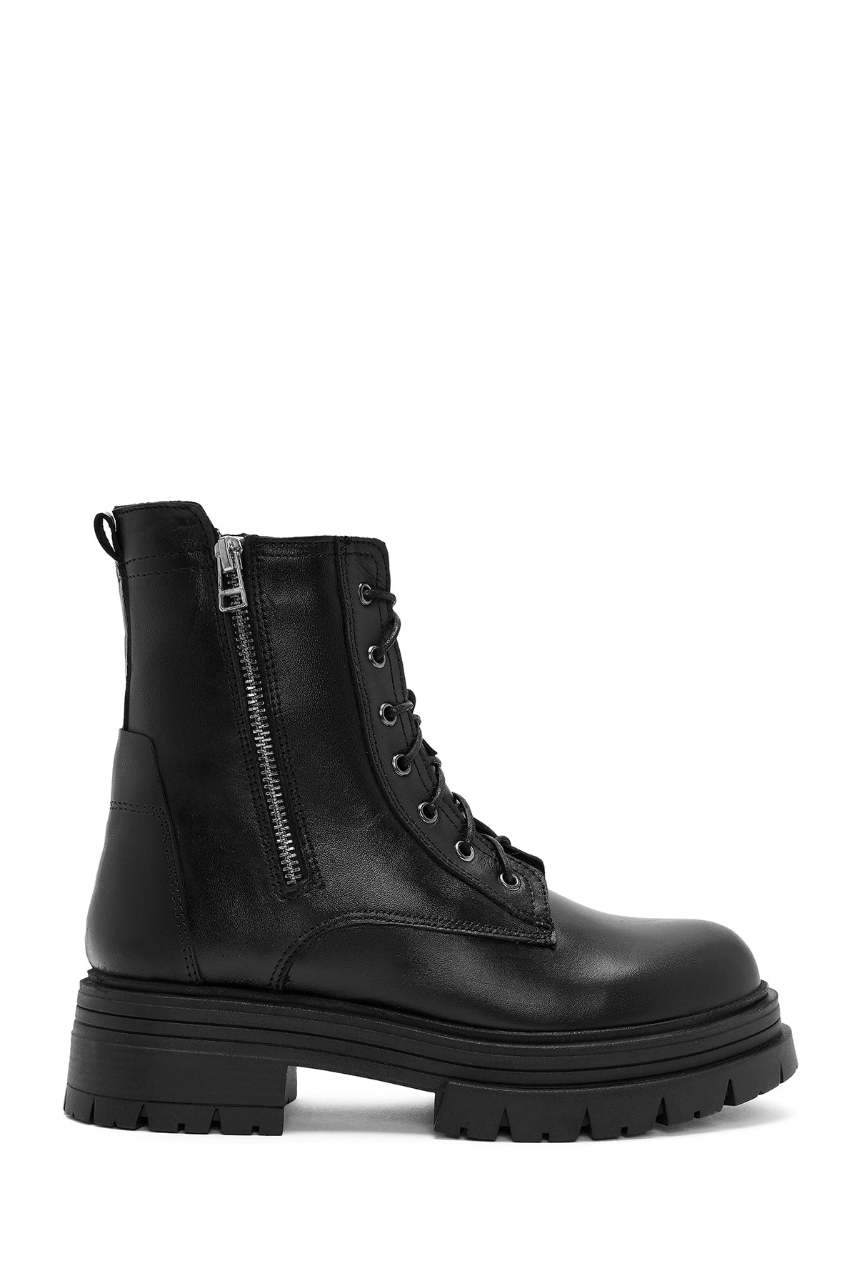 Women's Black Double Zipper Lace-Up Leather Combat Boots 24WFD186318 | Derimod