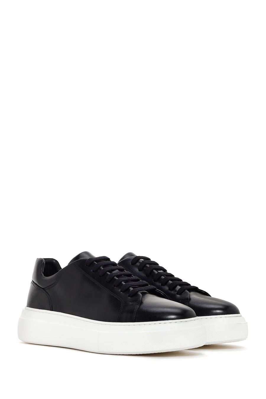 Men's Black Lace-up Thick-Sole Leather Sneaker