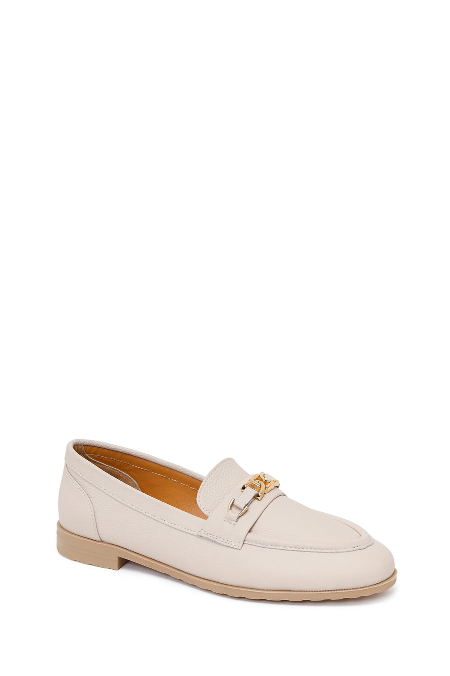Woman Cream Buckled Masculine Leather Loafer