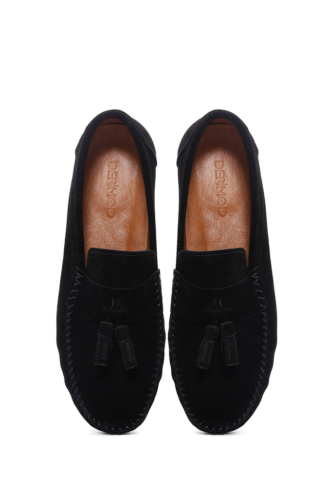 Erkek Siyah Püsküllü Süet Deri Casual Loafer_5