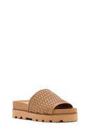 Women's Brown Knit Leather Slippers | Derimod