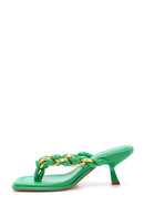 Women's Green Braided Flip Flops Heeled Slippers | Derimod