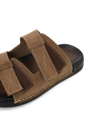 Male Beige Strapped Nubuck Leather Slipper | Derimod