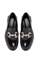 Women's Black Stone Detailed Leather Masculine Loafer | Derimod