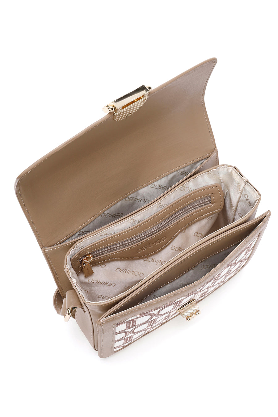 Women's Beige Long Strap Fabric Monogram Patterned Crossbody Bag