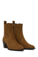 Woman Tan Zip Closure Chunky Heeled Suede Boots | Derimod