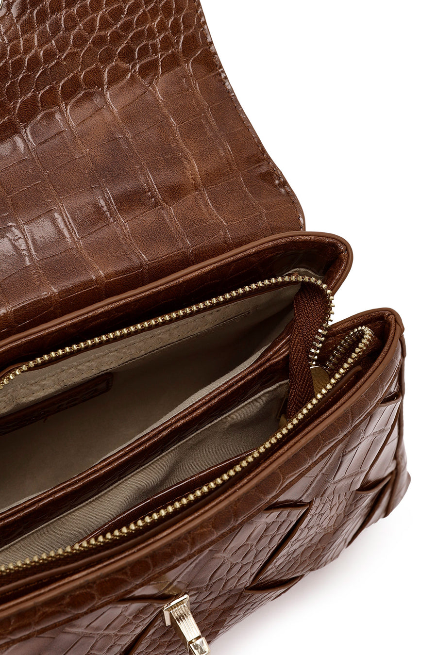 Women's Brown Long Strap Crocodile Patterned Handbag