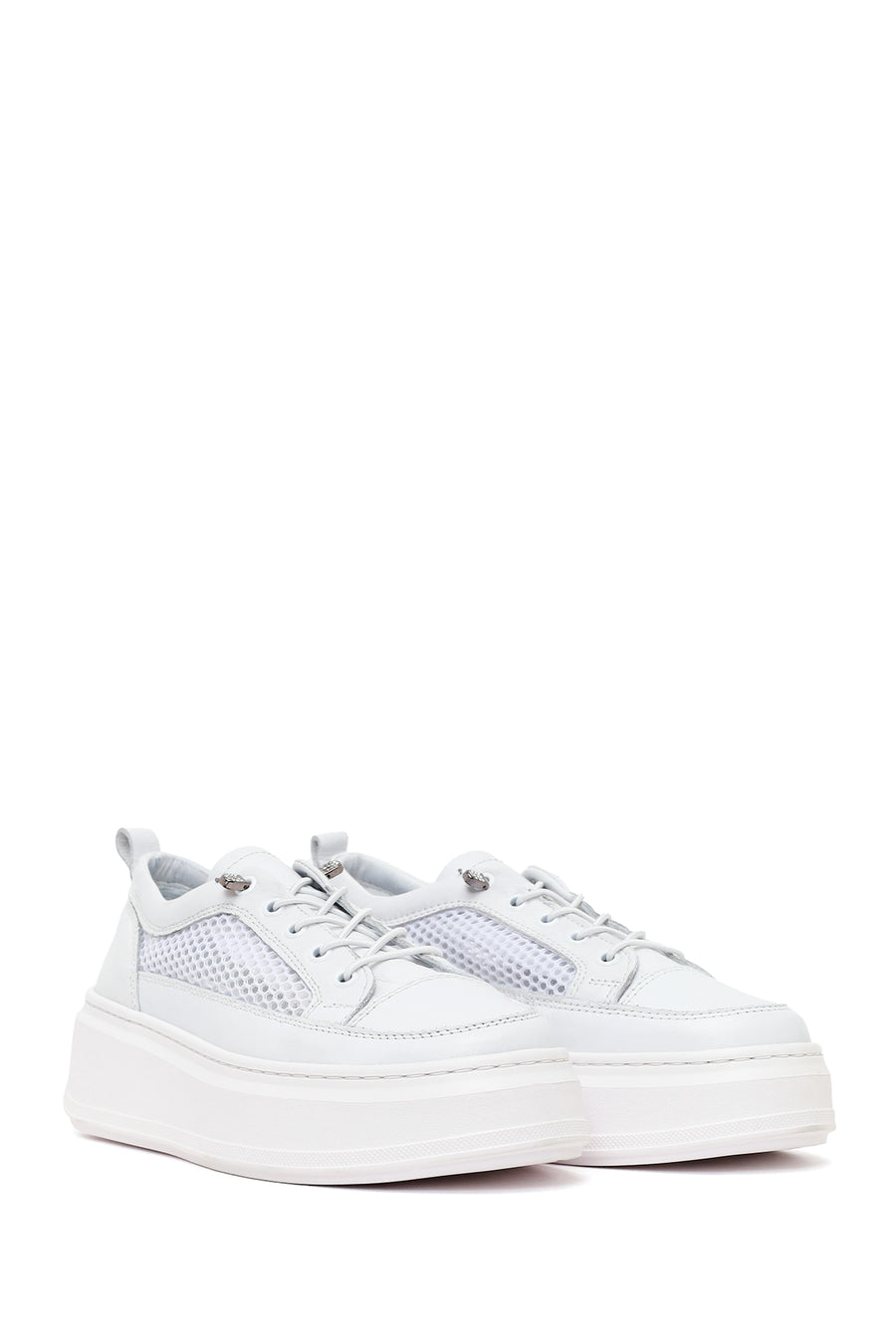 Woman White Lace-Up Thick-Soled Leather Sneaker
