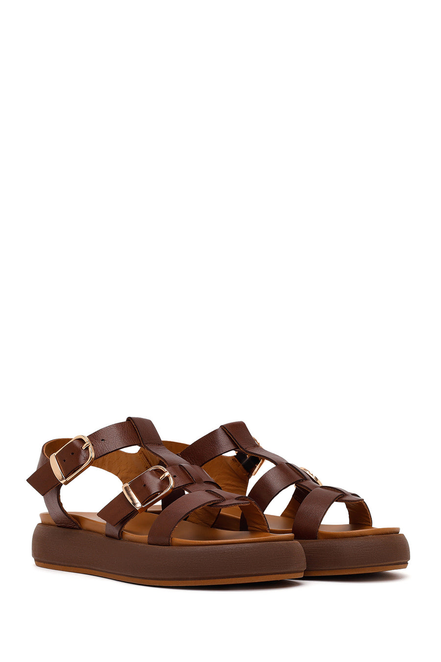 Woman Brown Buckled Thick-Soled Leather Sandal