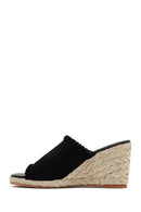 Women's Black Wedge Heeled Suede Leather Espadrille Slippers | Derimod