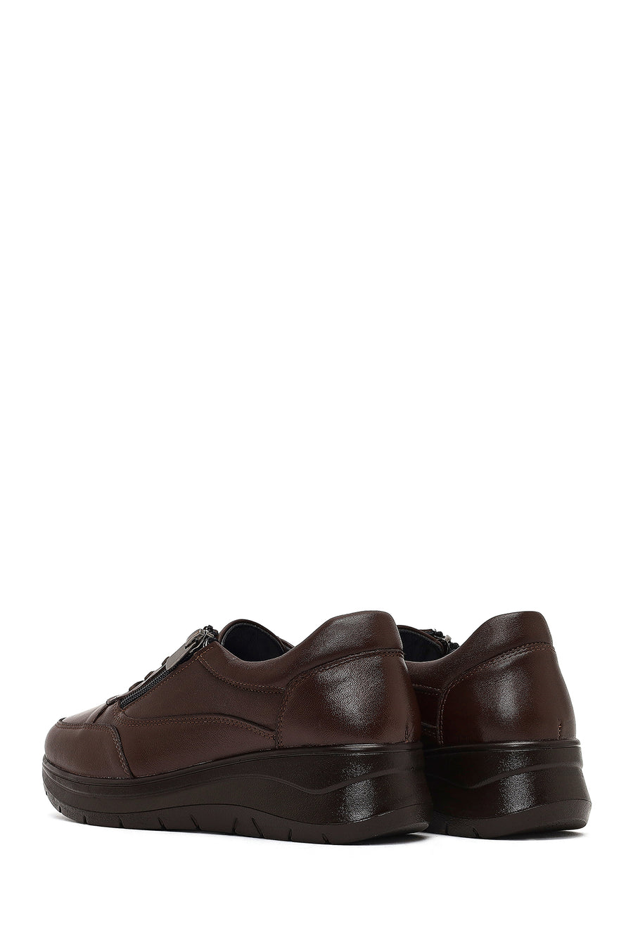 Woman Brown Lace-Up Thick-Soled Leather Sneaker