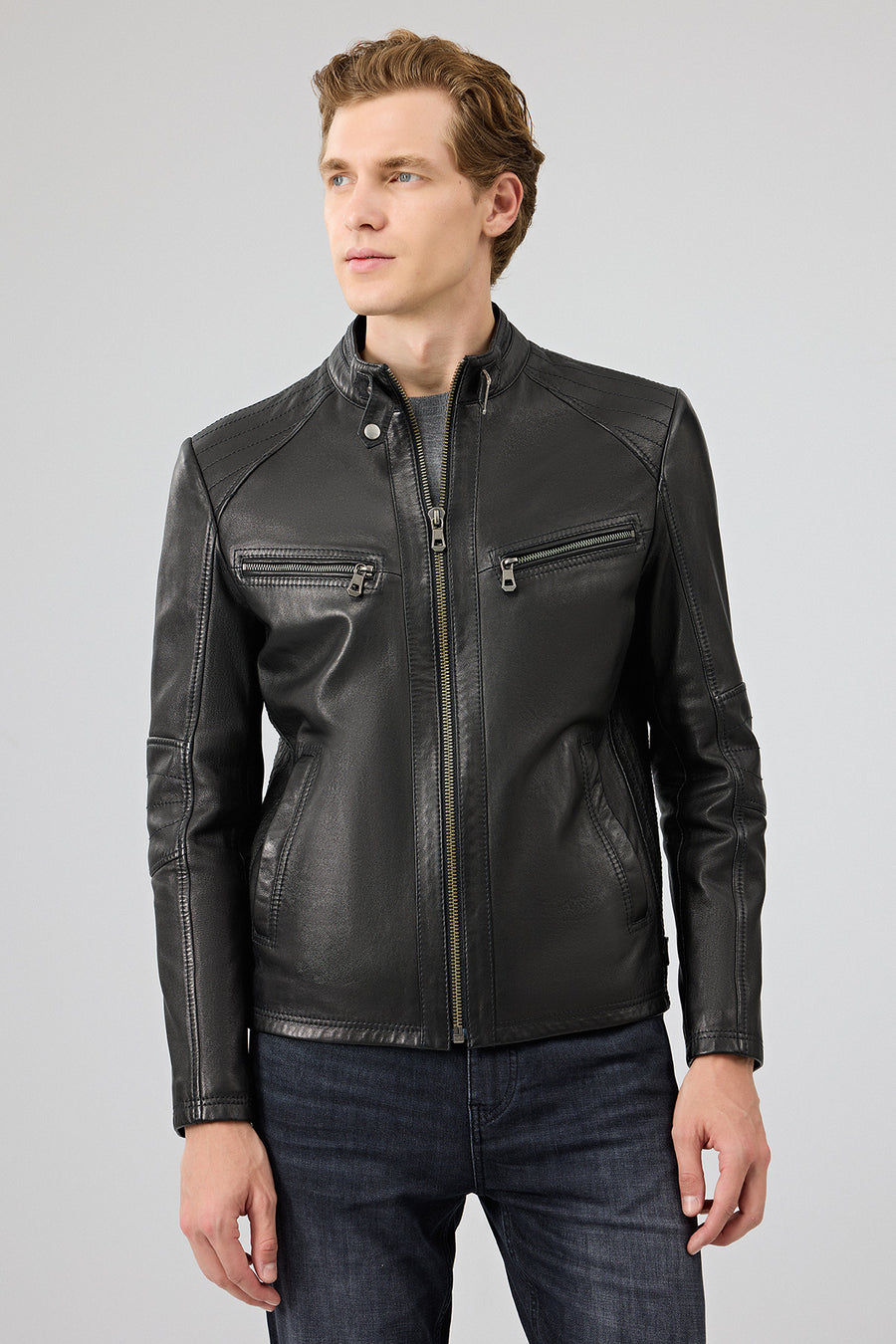 Jefferson Men's Black Stand Collar Slim-Fit Leather Jacket 25WGF6584WF | Derimod