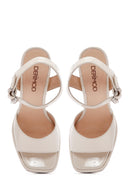 Women's Beige Patent Leather Thick Heeled Sandals | Derimod