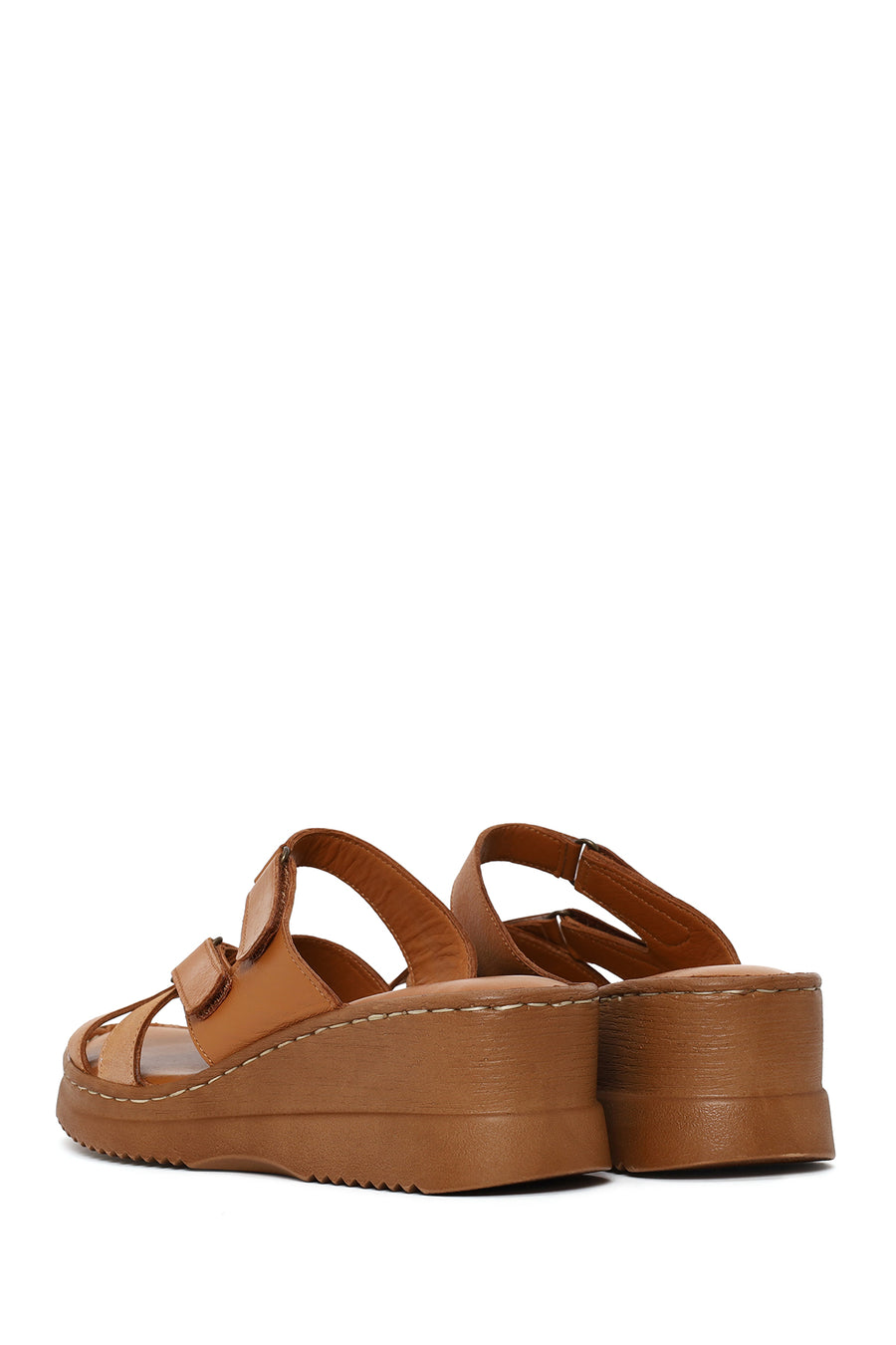 Woman Tan Wedge Heel Leather Comfort Slipper