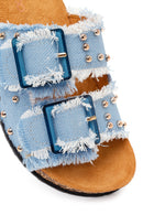 Women's Blue Double Buckle Studded Fabric Slippers | Derimod