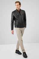 Morant Men's Black Mandarin Collar Leather Jacket | Derimod