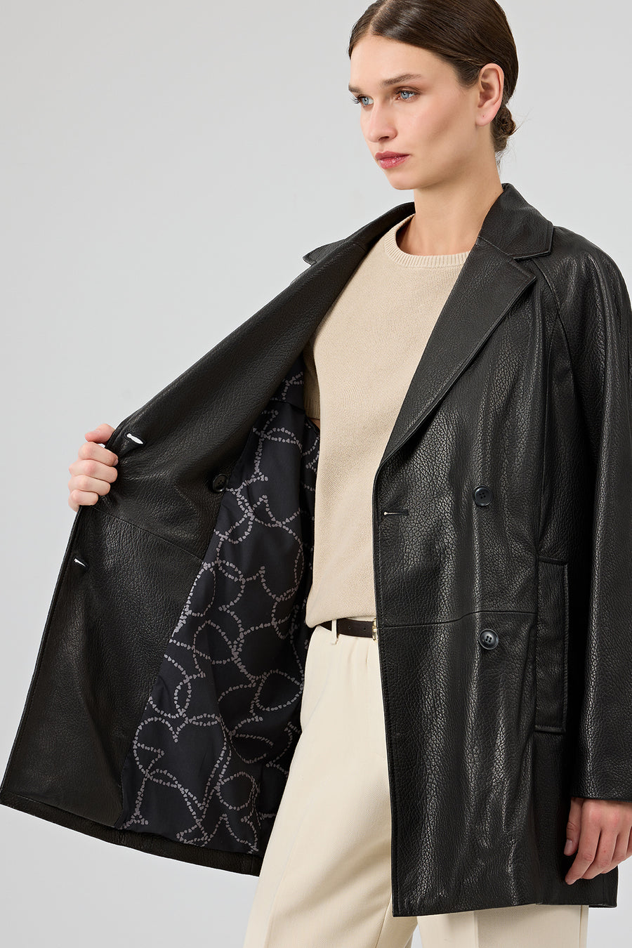 Wendy Women's Black Double Breasted Long Leather Jacket